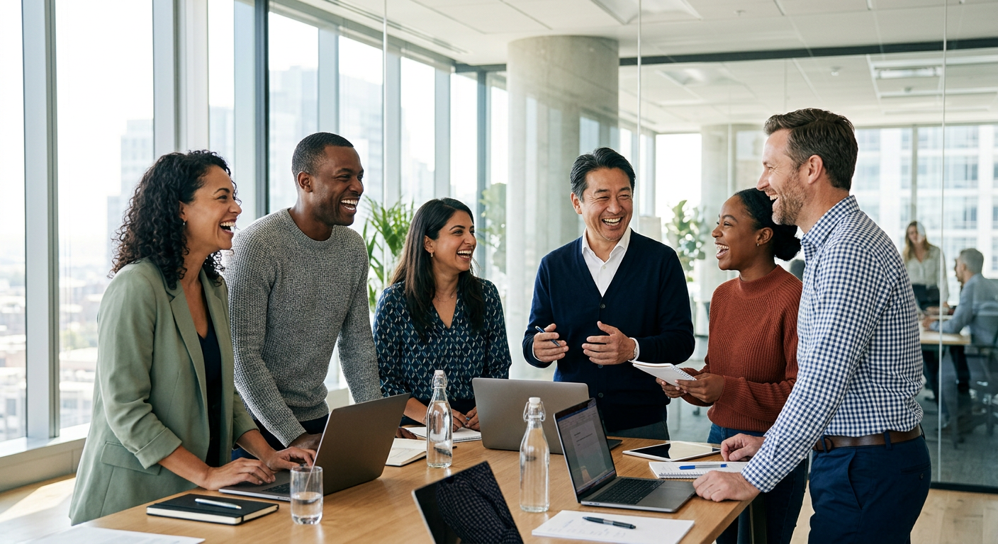Team laughing together in a modern workshop setting